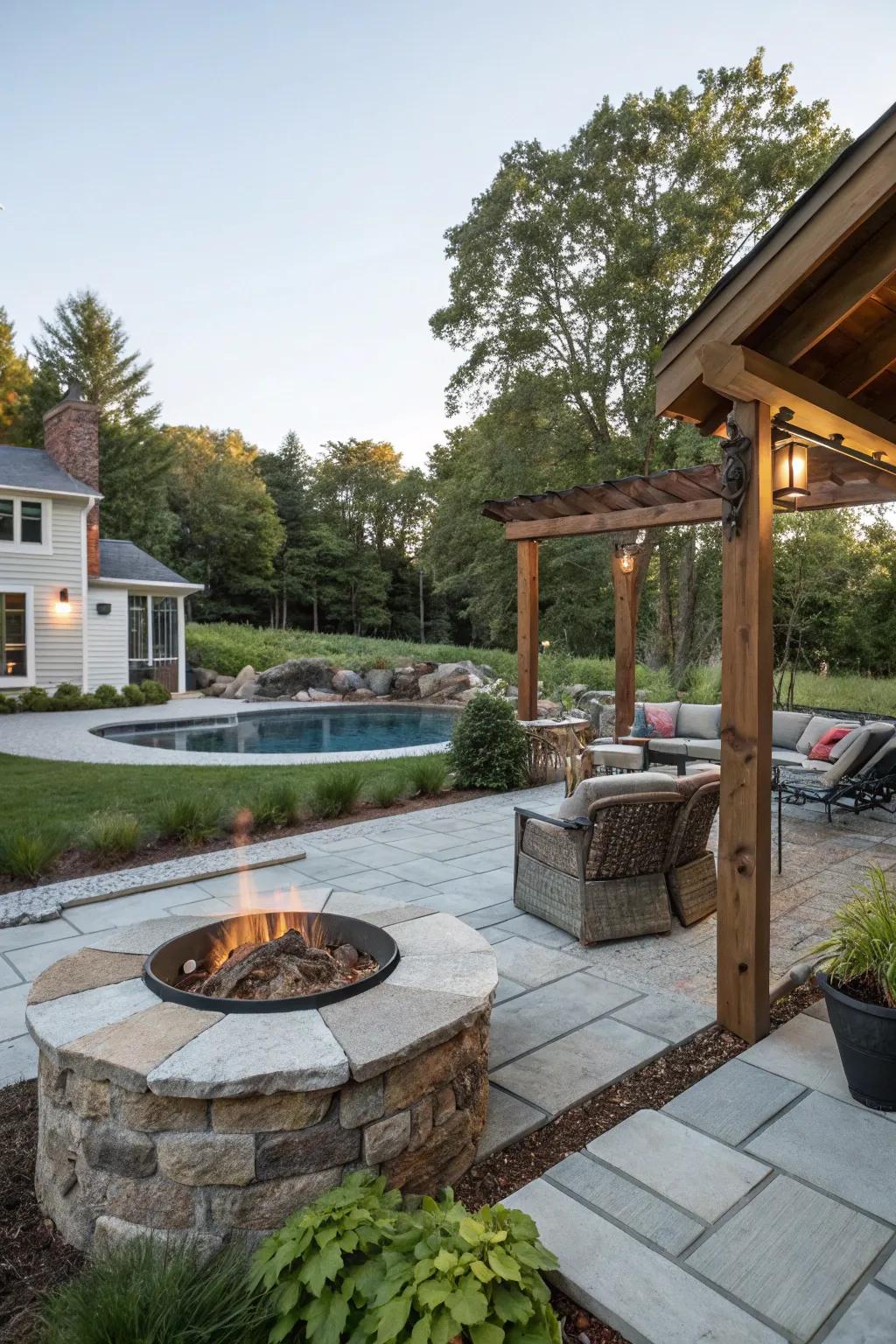A harmonious design using a blend of materials around the fire pit.