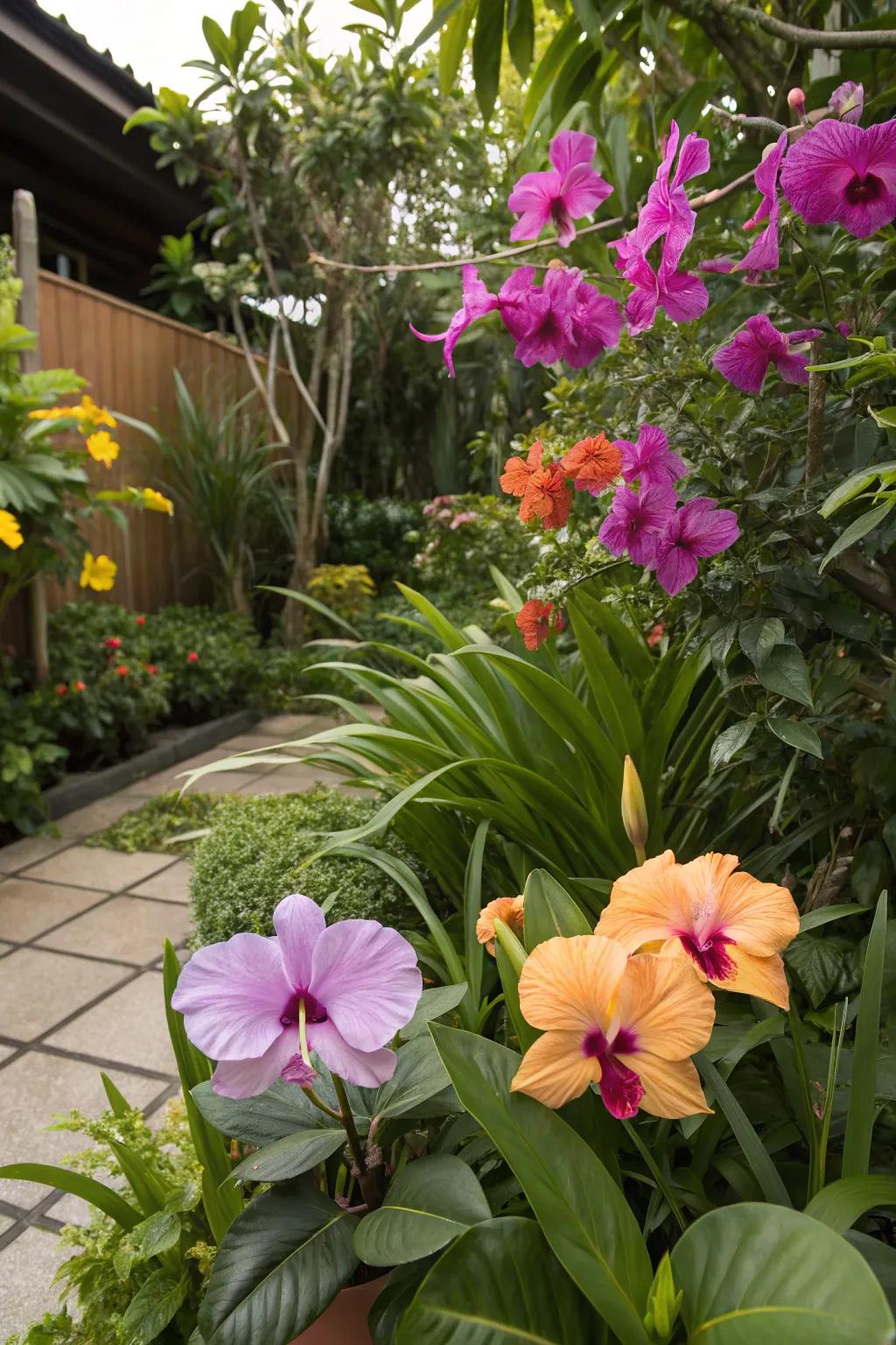 Brighten your backyard jungle with colorful flowers like orchids.