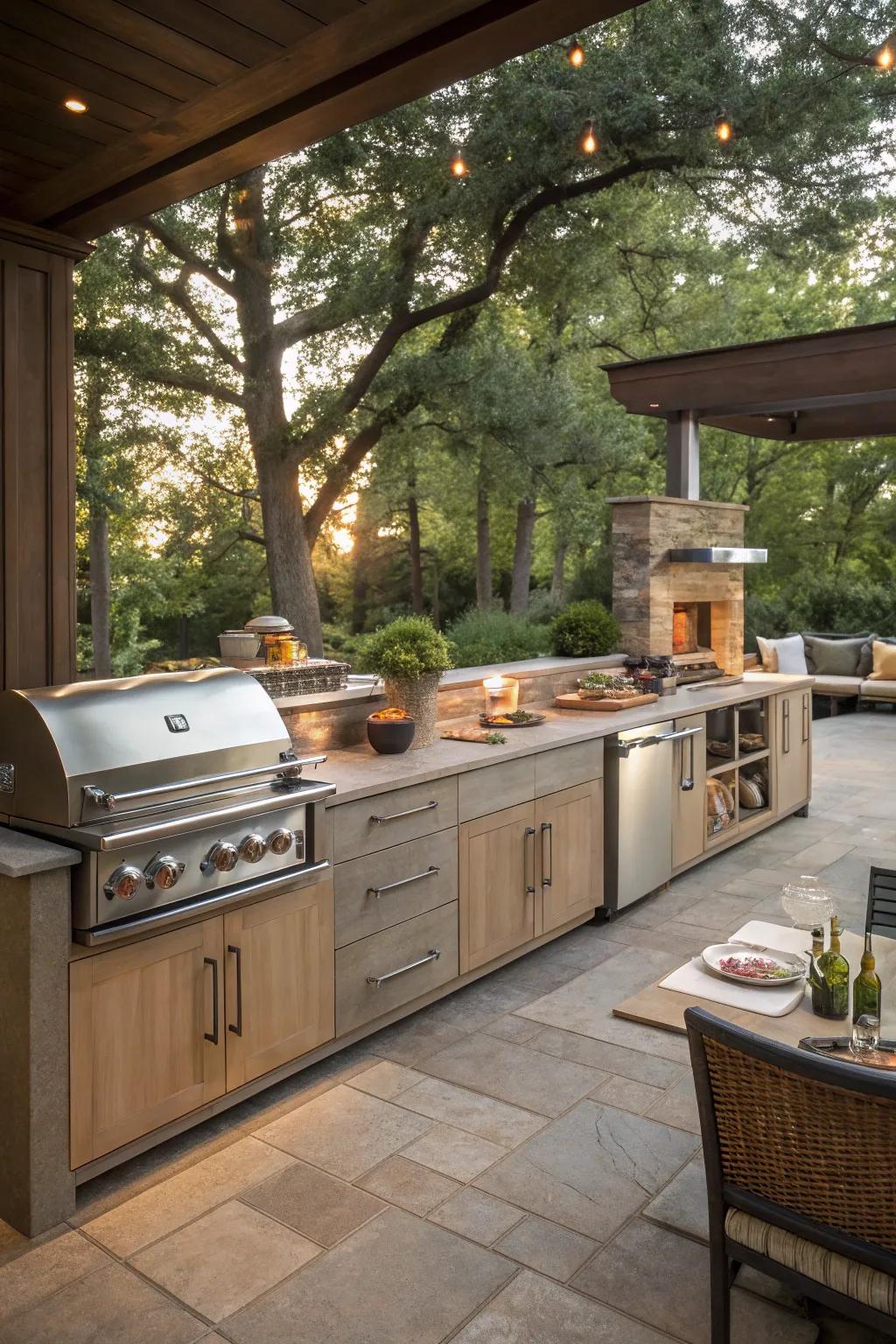 An outdoor kitchen featuring built-in counters with plenty of storage.