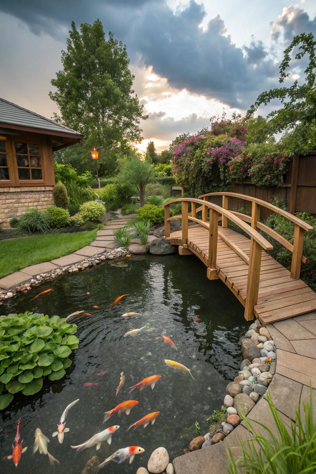 Decorative elements like bridges add charm and structure to your pond.