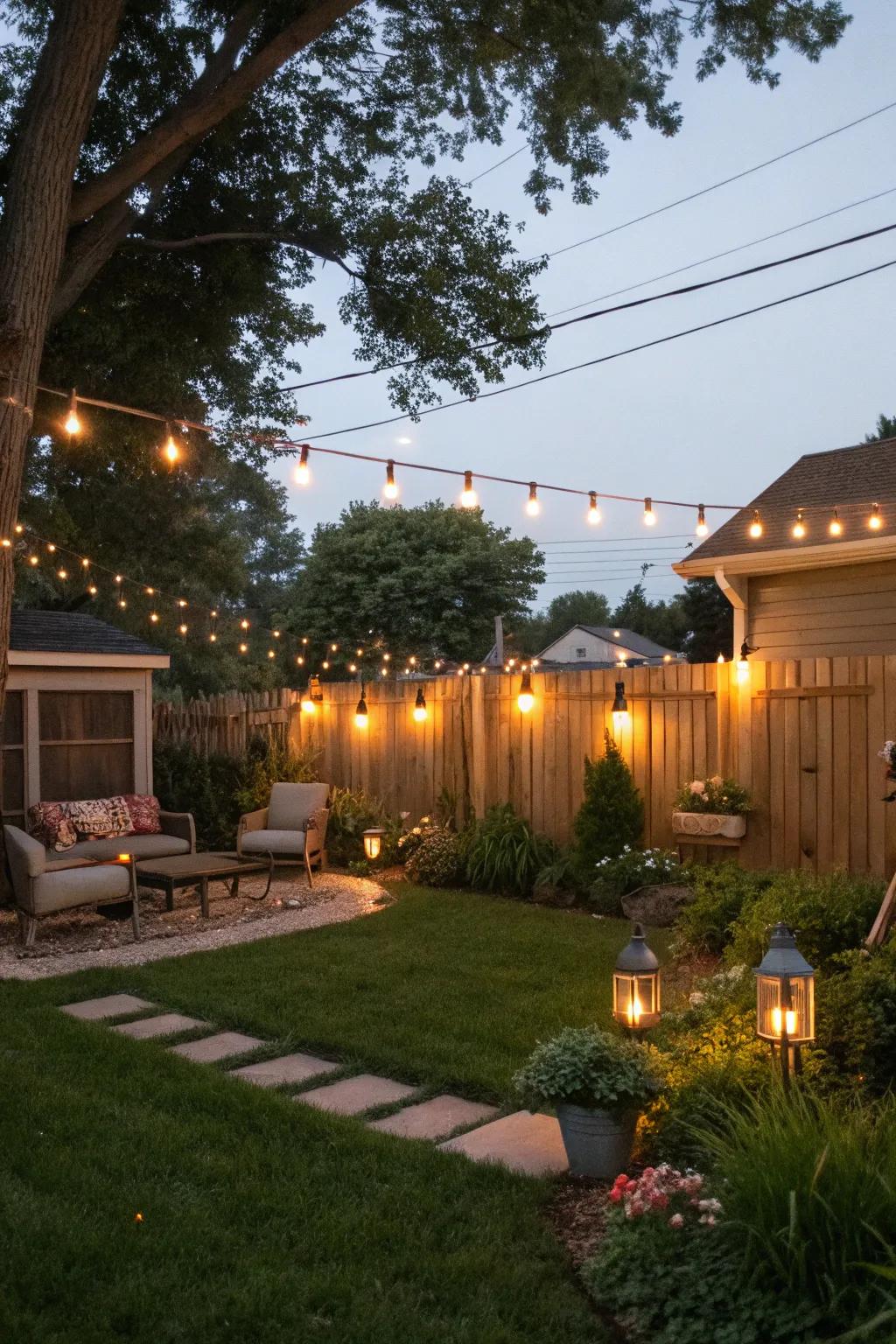 A Milwaukee backyard aglow with enchanting string lights and lanterns.