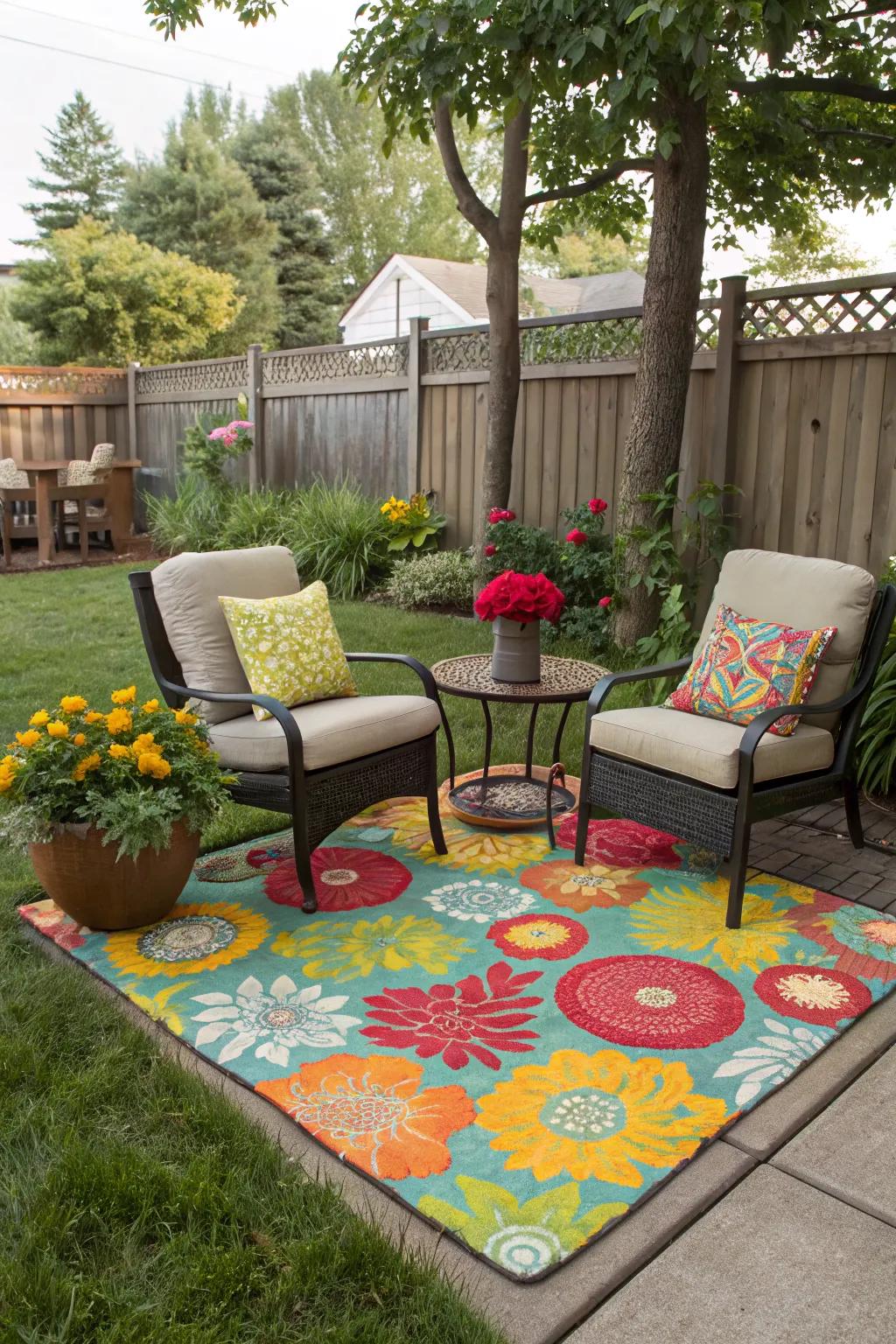 A vibrant outdoor rug tying a seating area together.