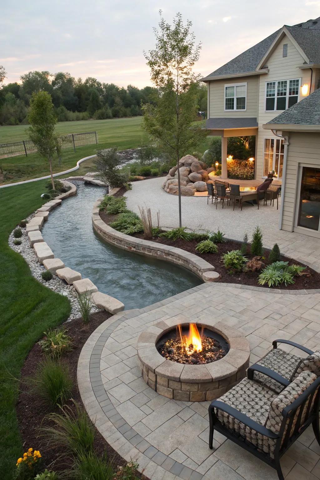 A fire pit adds warmth and ambiance to your backyard river setting.