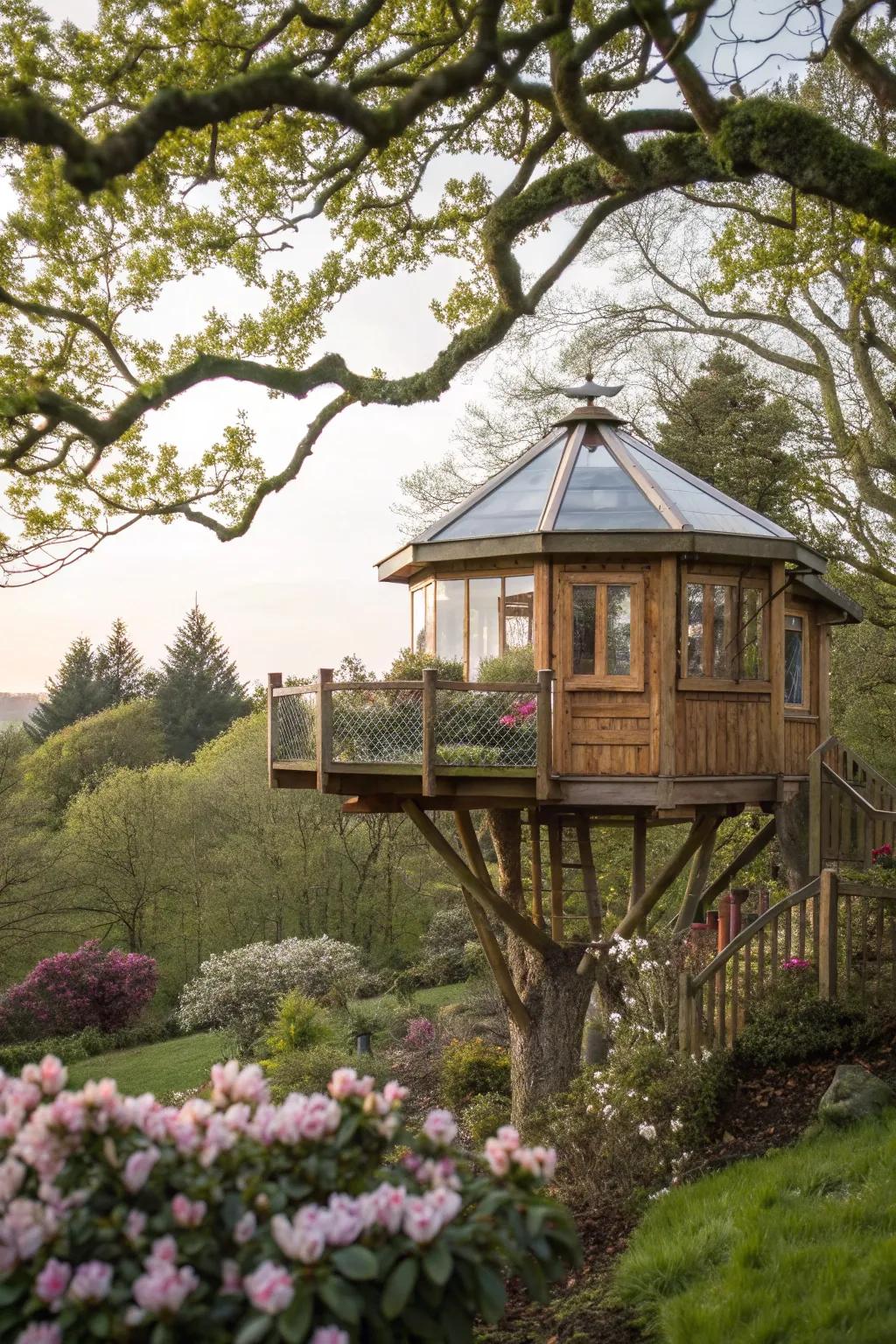 A treehouse observatory offers a whimsical and elevated stargazing experience.