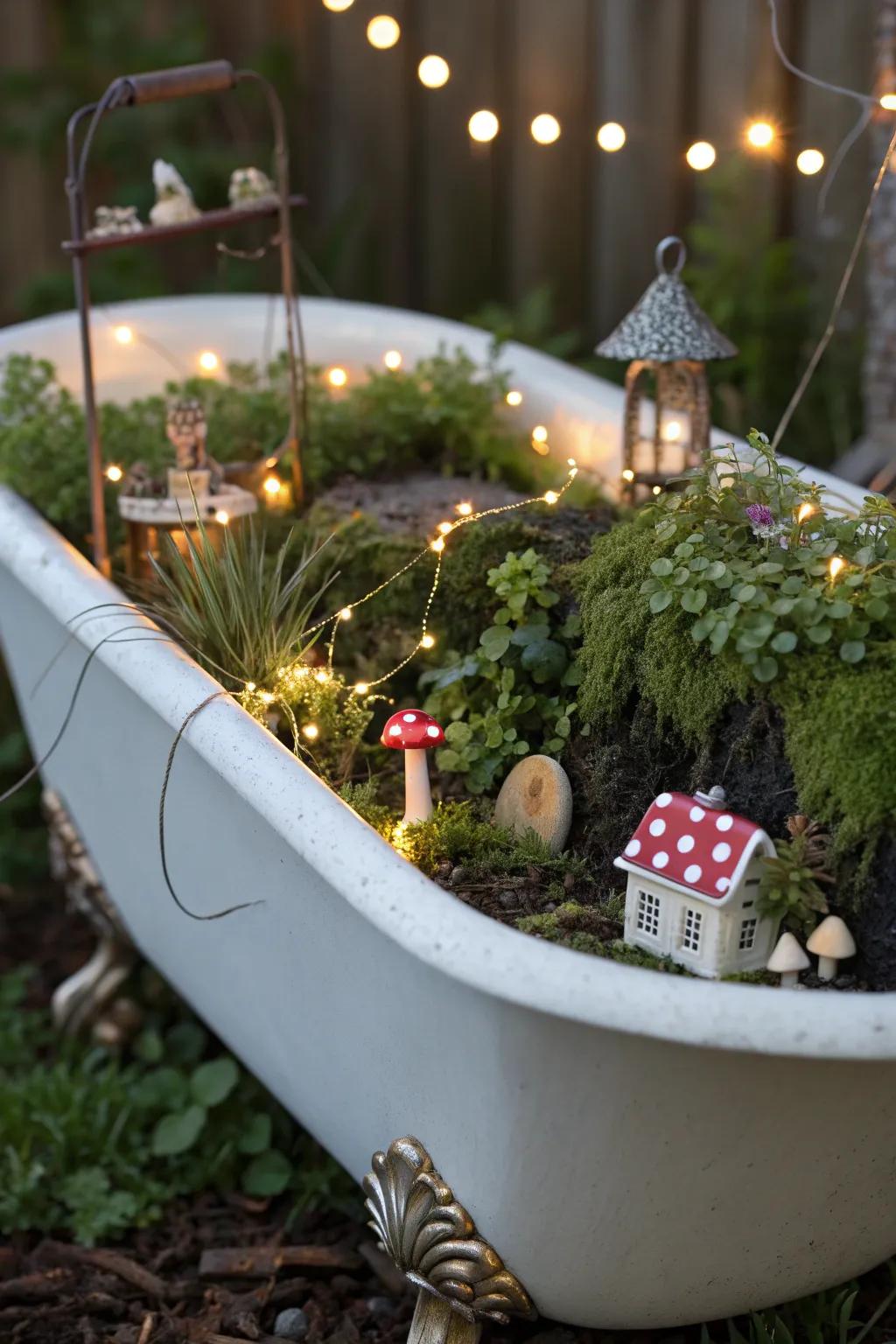 A whimsical fairy garden inside an old bathtub.