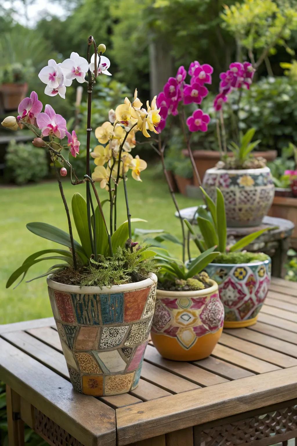 Orchids in decorative pots showcasing personal style.