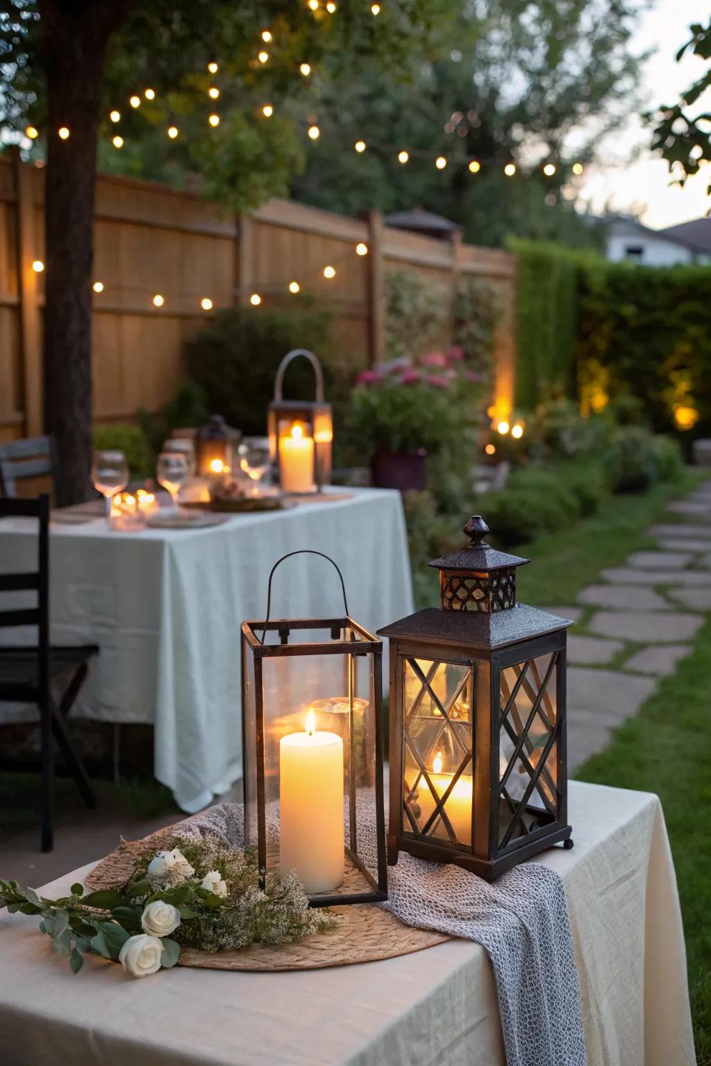 Lanterns and candles create a warm, inviting atmosphere.