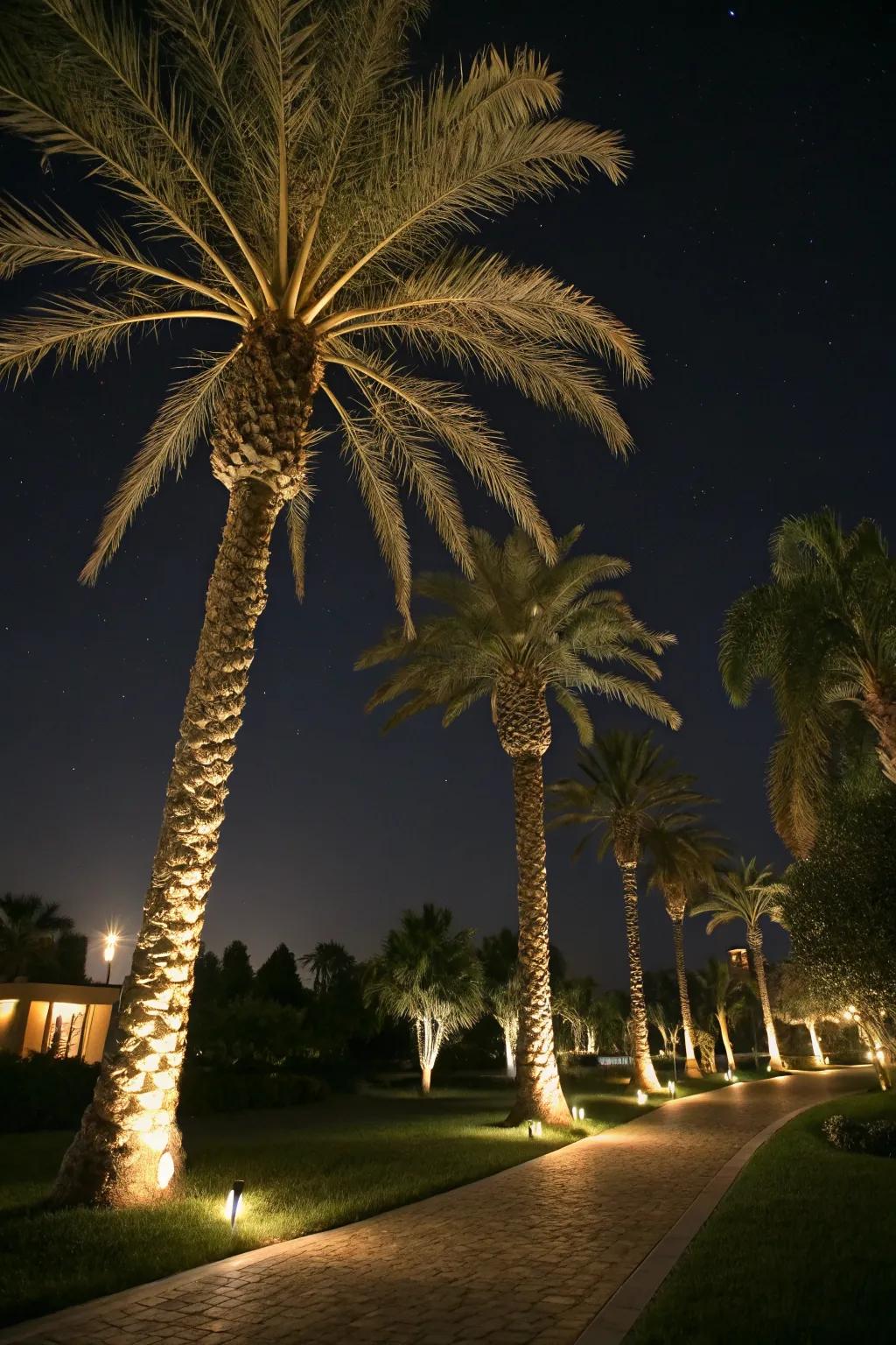 Lighting enhances the evening ambiance of palm tree landscapes.