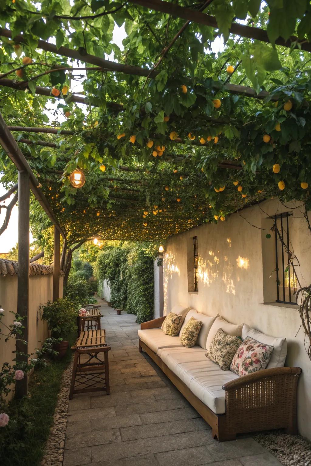 A cozy seating area with a trellis overhead adorned with vines.