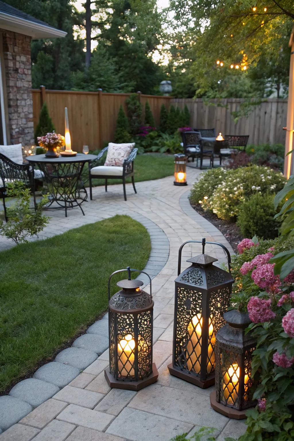 Charming decorative lanterns illuminate the patio