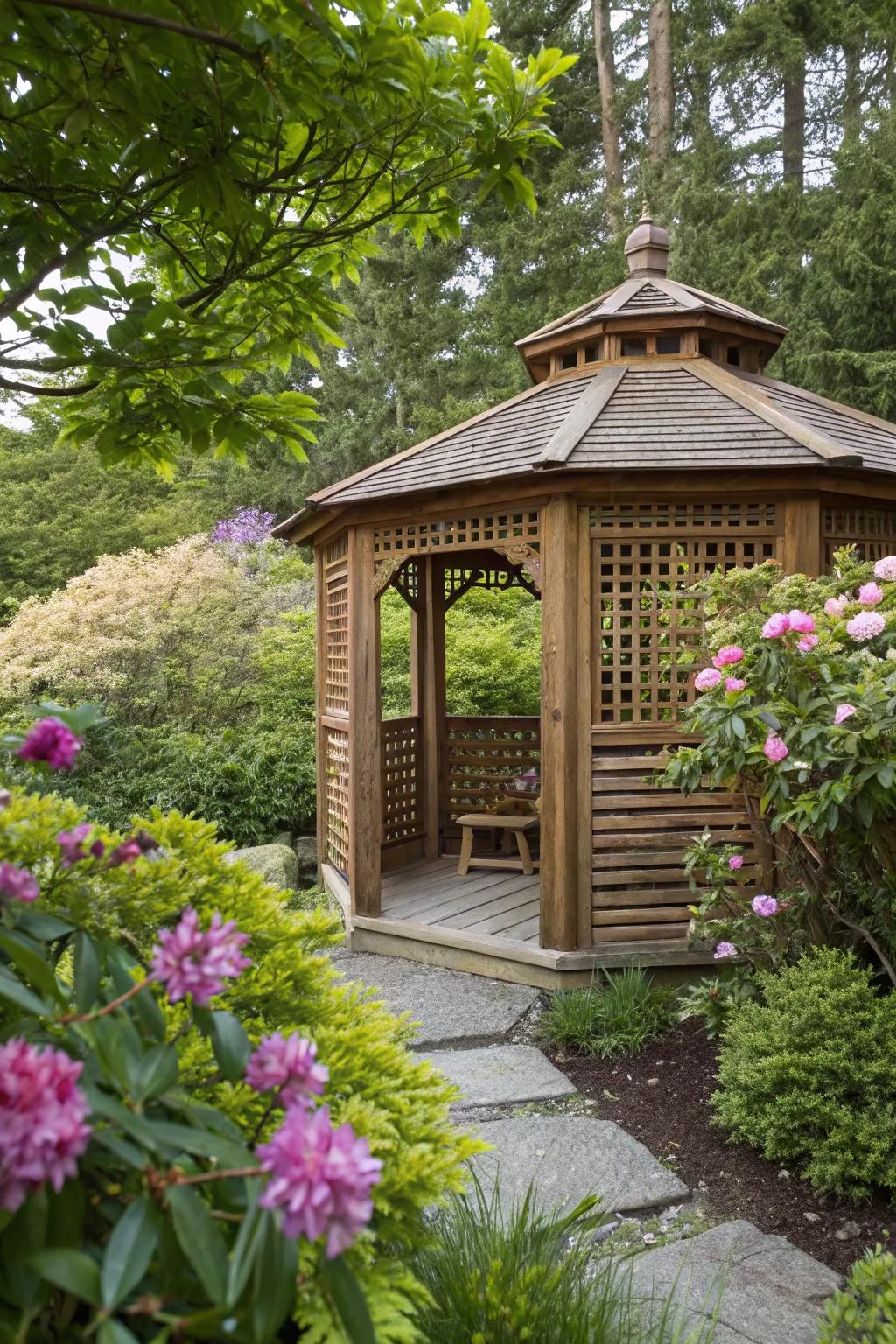 A gazebo offering privacy with elegant panels.