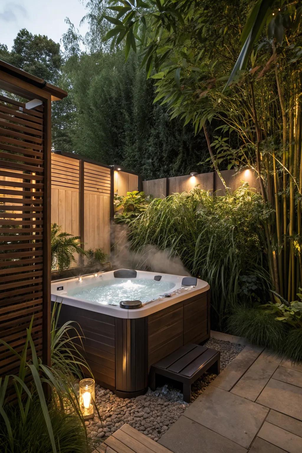 Privacy screens provide seclusion and comfort for a hot tub area.