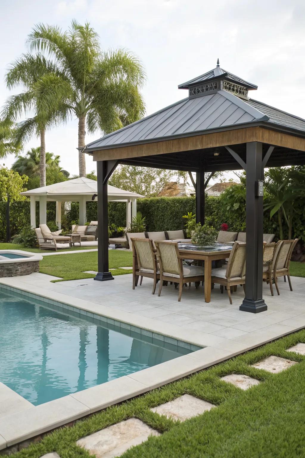 A chic gazebo providing shade and style by the pool.