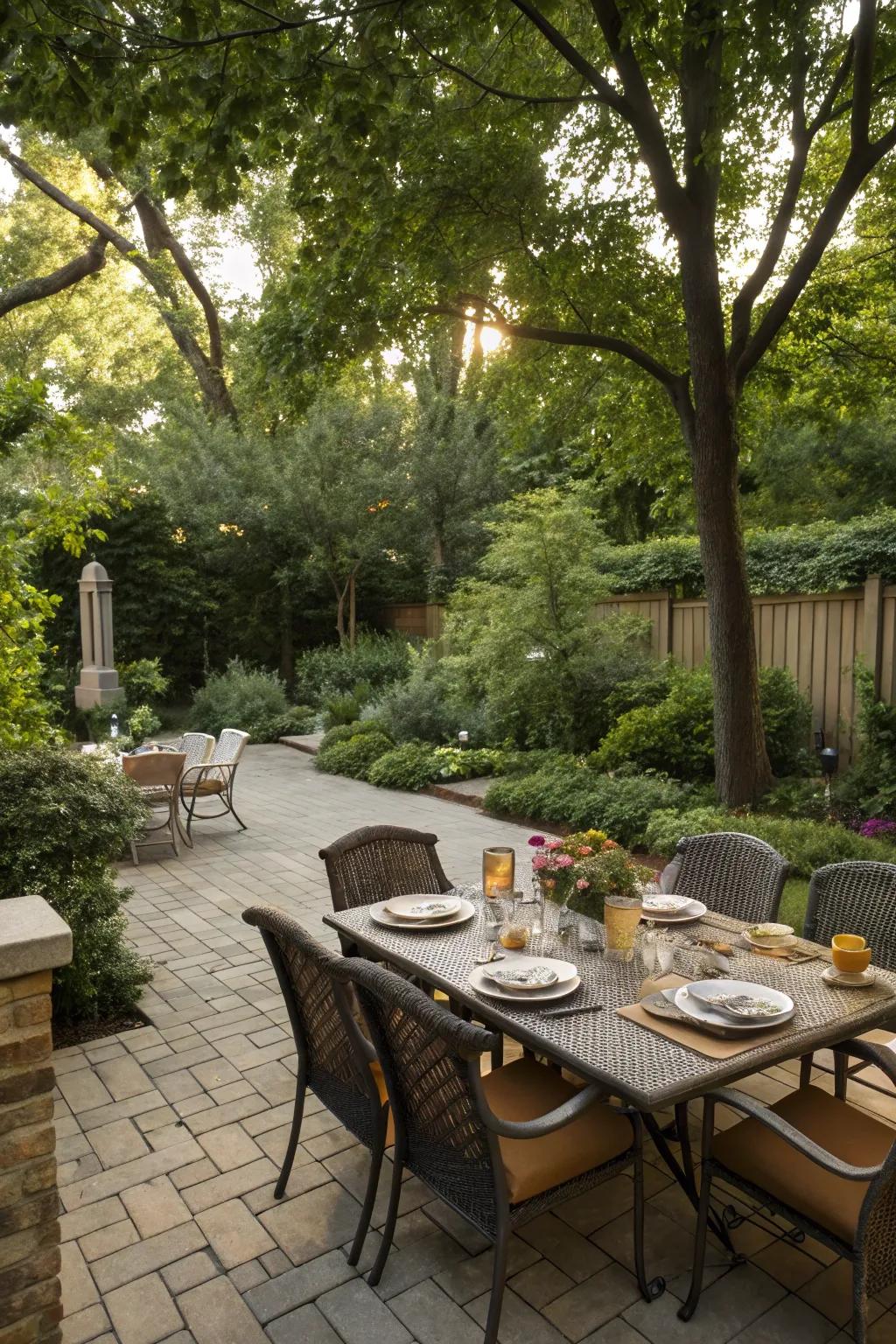An inviting dining area on a paver patio