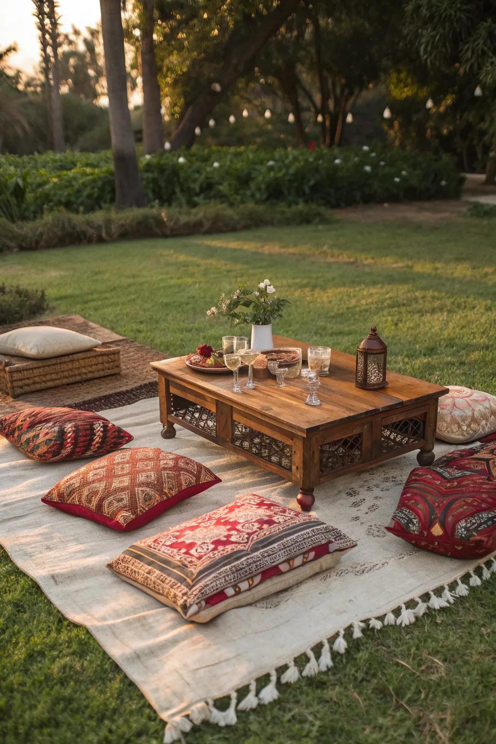 Embrace the ultimate laid-back vibe with a bohemian-style floor seating arrangement—perfect for your backyard retreat.
