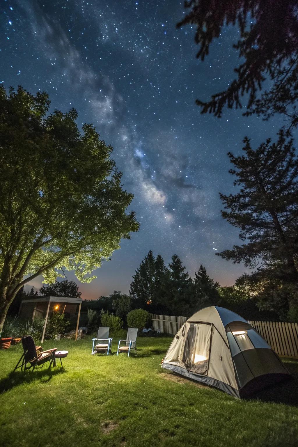 A cozy backyard camping setup for stargazing and adventure.