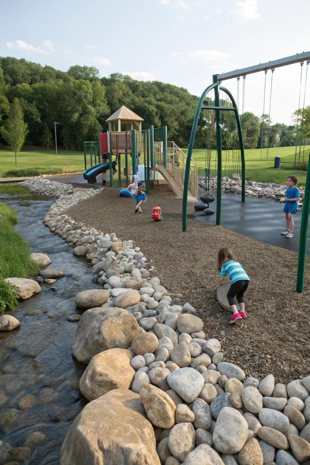 River rocks add natural elegance and structure to play areas.