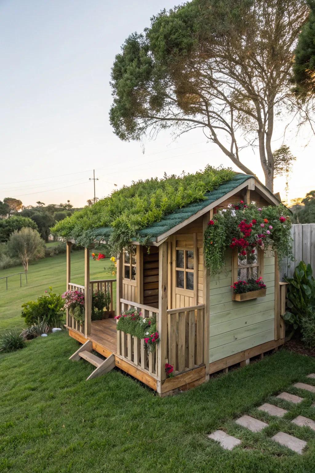 A green-roofed playhouse complements the natural environment.