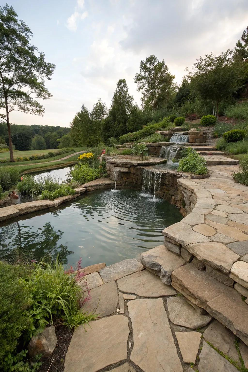 A terraced backyard pond with cascading water levels.