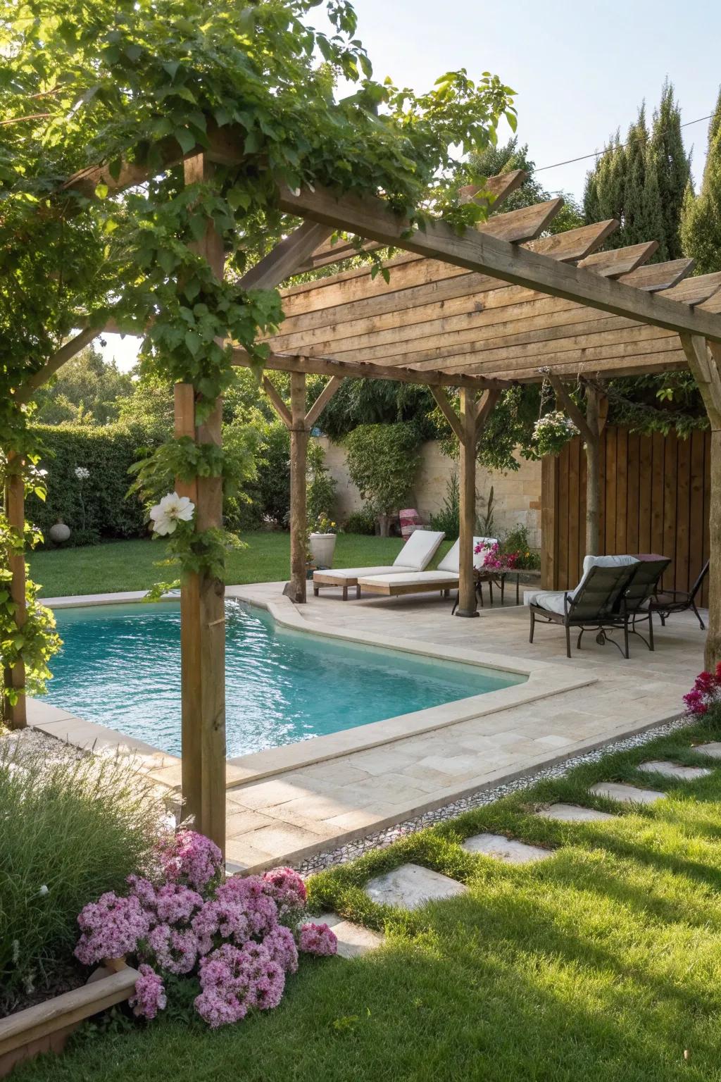 A poolside pergola offering shade and style to the backyard retreat.