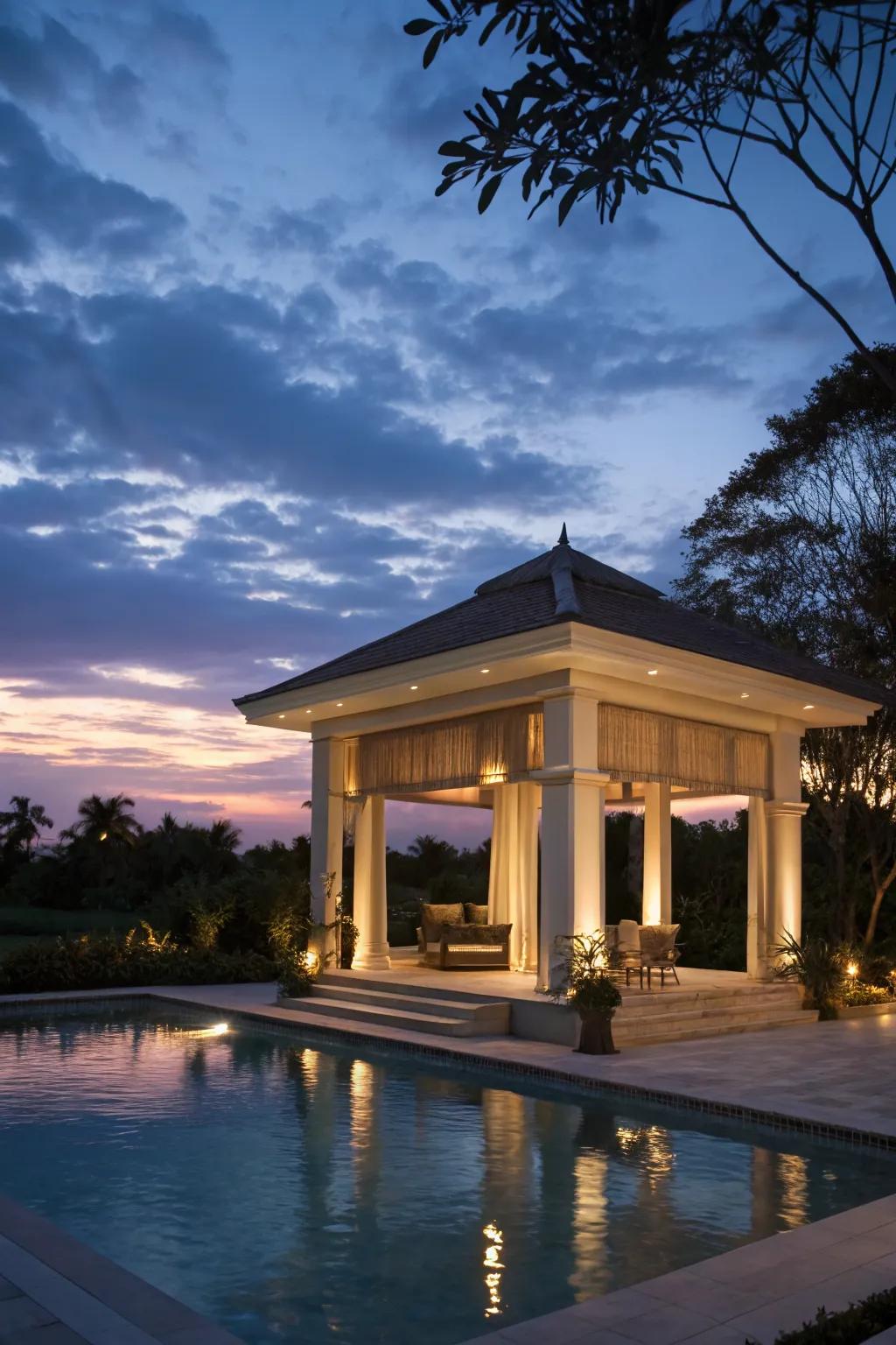 Magical lighting transforms the pavilion at night.