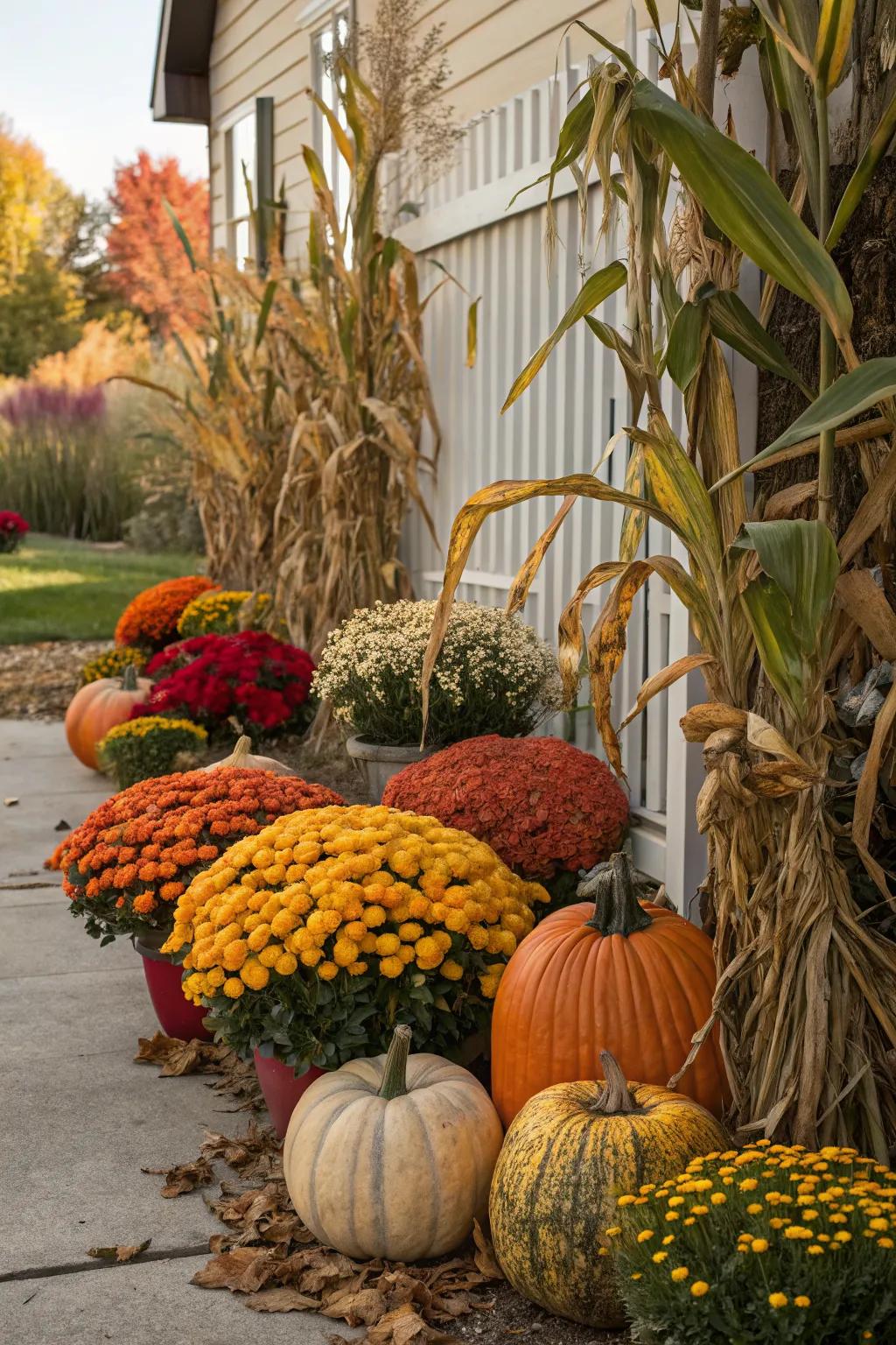 Seasonal plants complement the pumpkins and enrich the autumnal atmosphere.