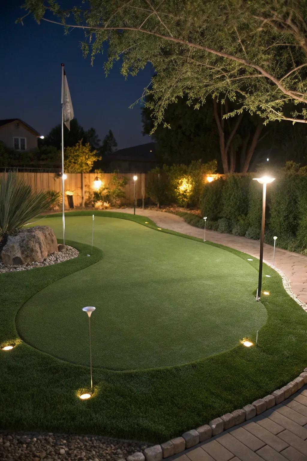 Lighting transforms your putting green for evening enjoyment.