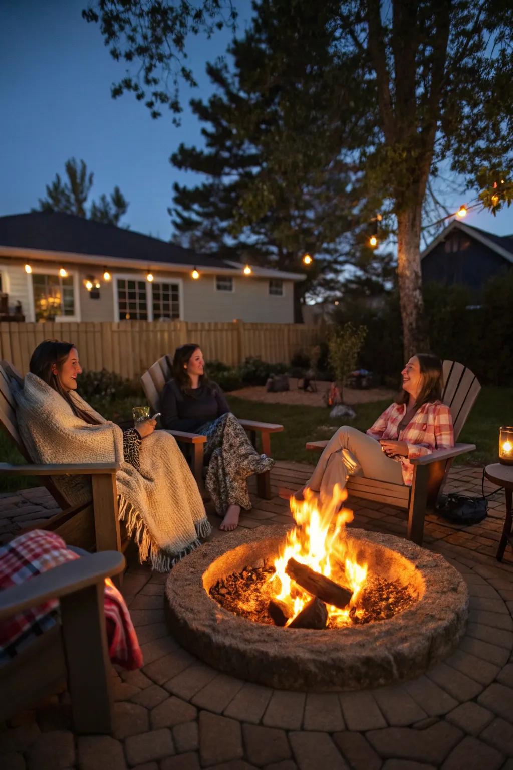 A fire pit offers warmth and a focal point for gatherings.