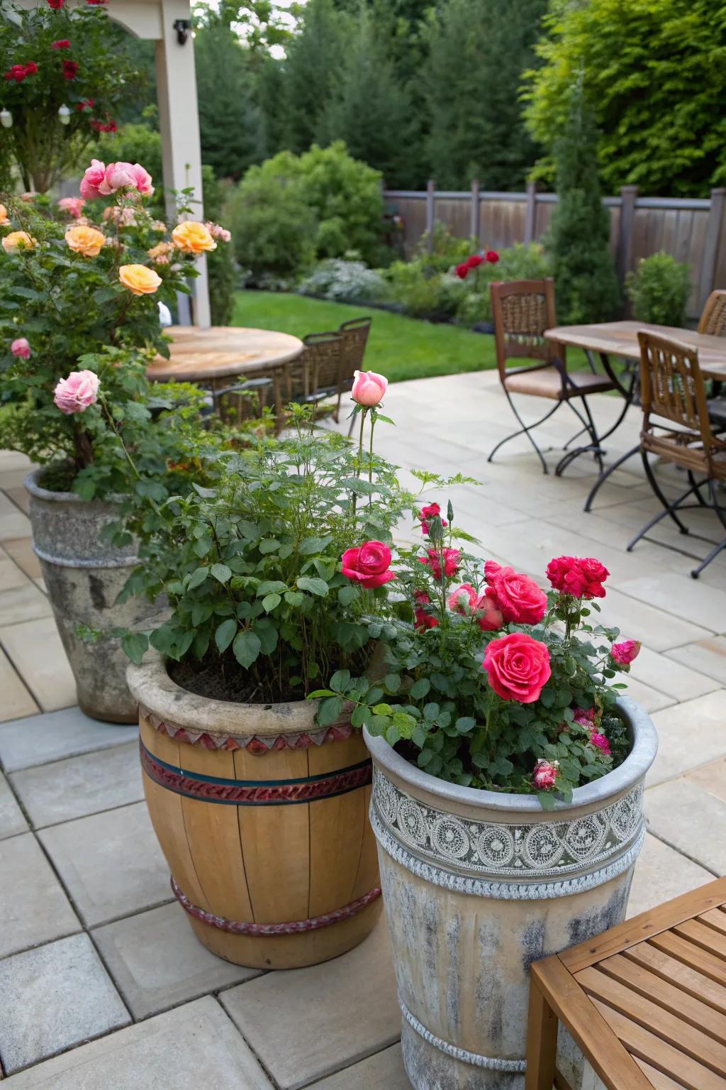 Container roses offer flexibility in design, ideal for patios and small spaces.