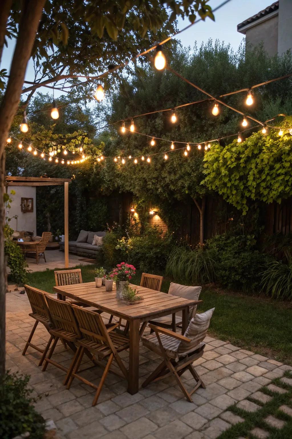 Outdoor dining spaces are perfect for gatherings and meals under the stars.