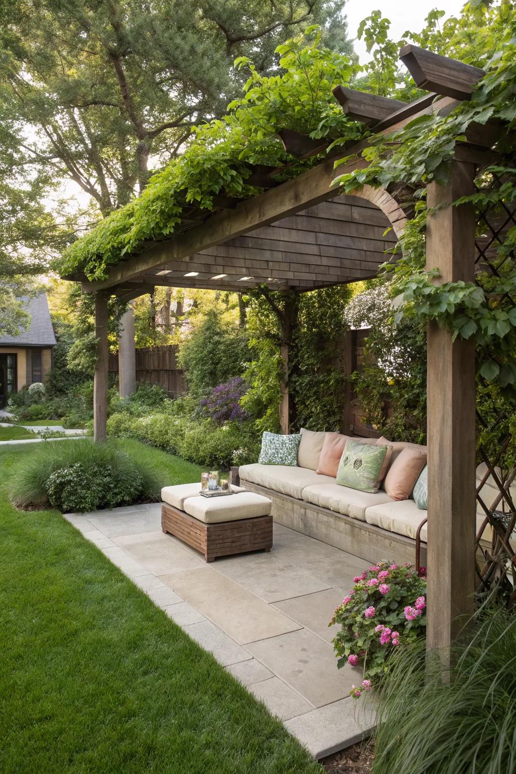 Built-in seating under a pergola creates an inviting space.