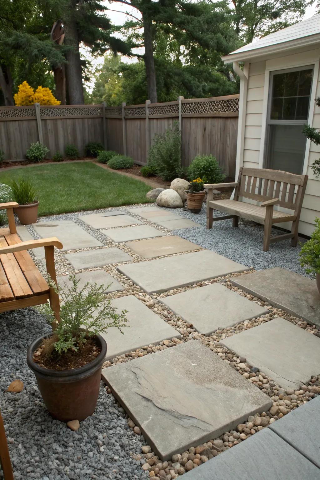 Gravel complements slabs, offering texture and effective drainage.