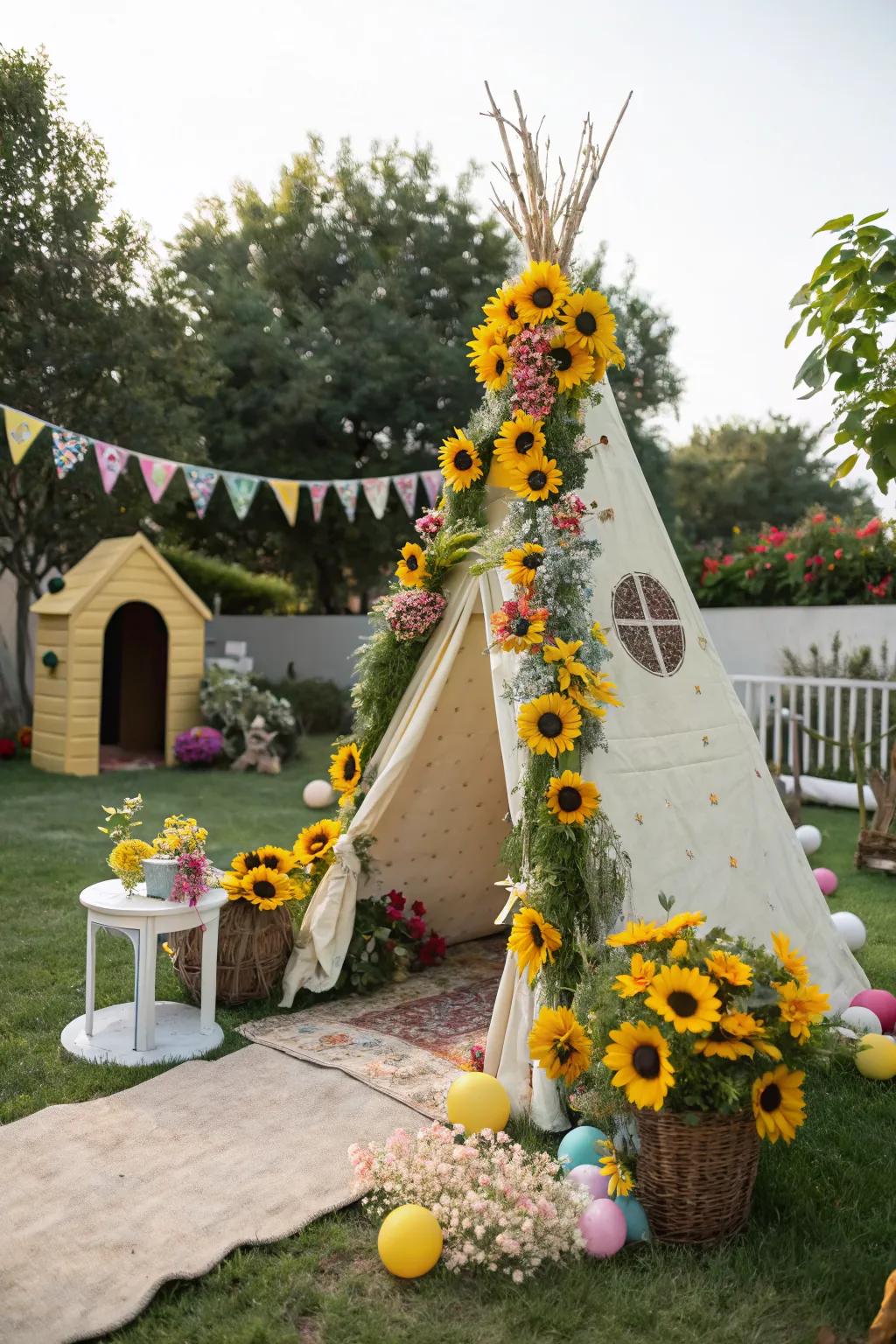 A sunflower teepee offering a secret hideout for little adventurers.