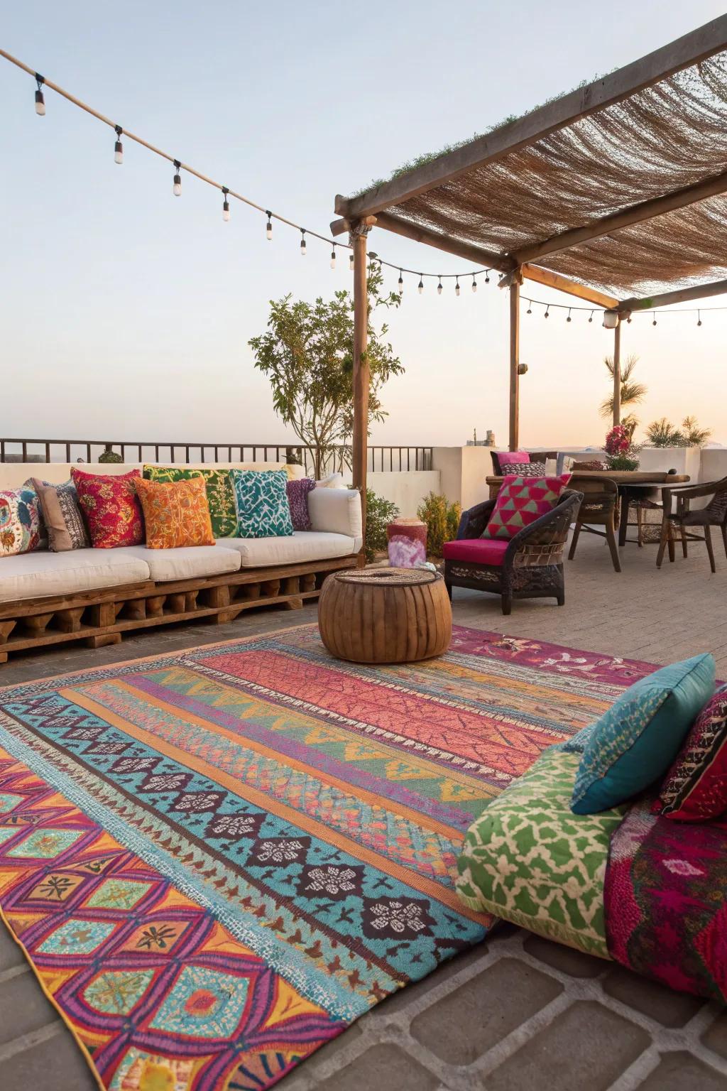 Outdoor carpets add color and define cozy seating areas.