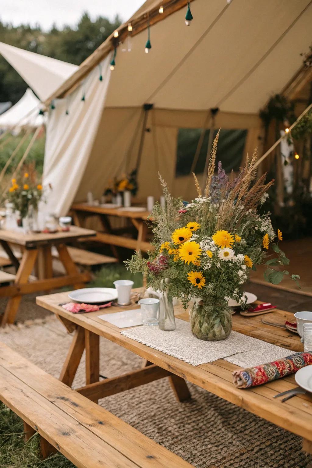Enjoy a cozy, rustic meal with a farmhouse-themed tent party.
