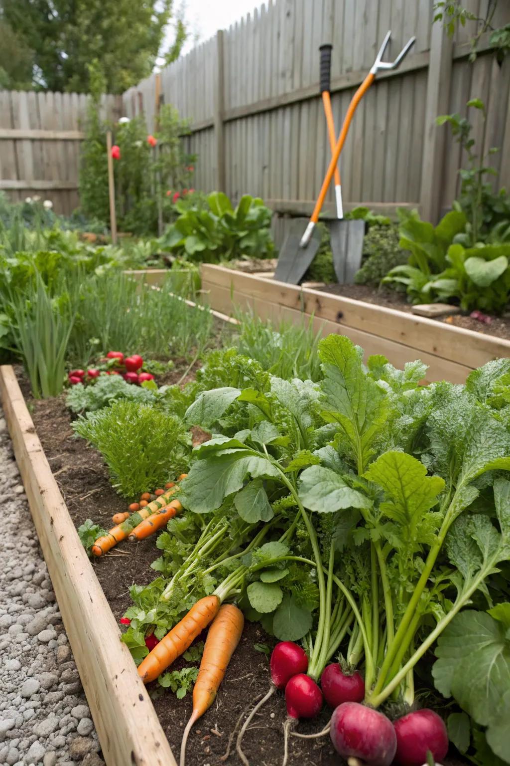 Companion planting in action, with radishes and carrots growing together.