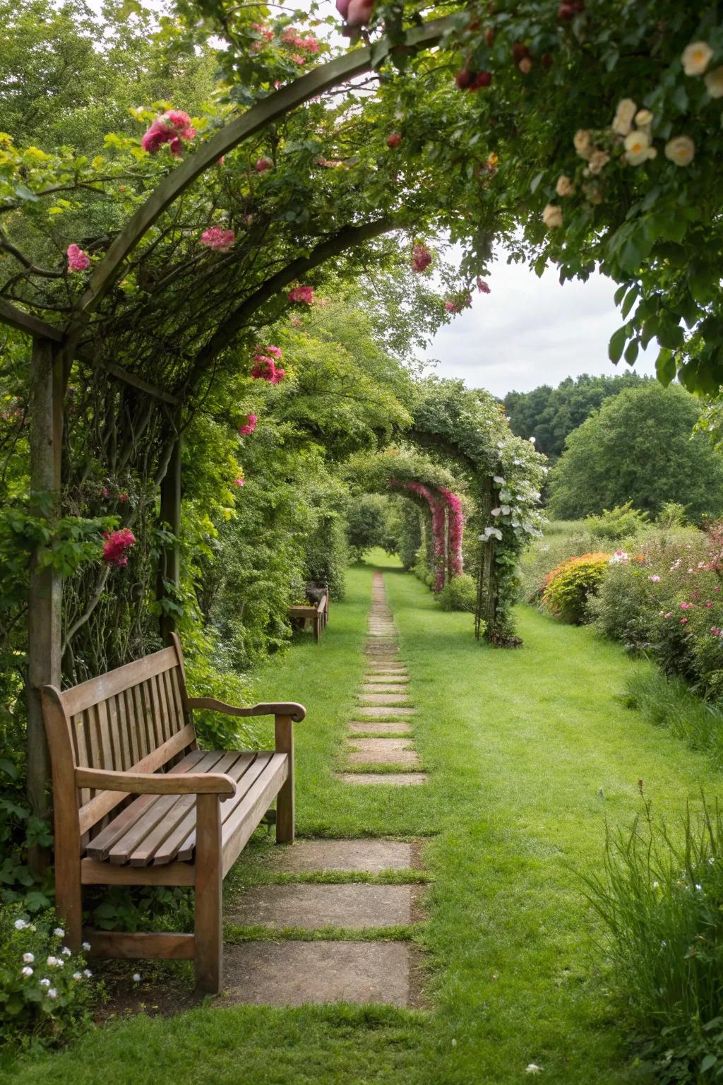 A seating area along your path invites relaxation and enjoyment.