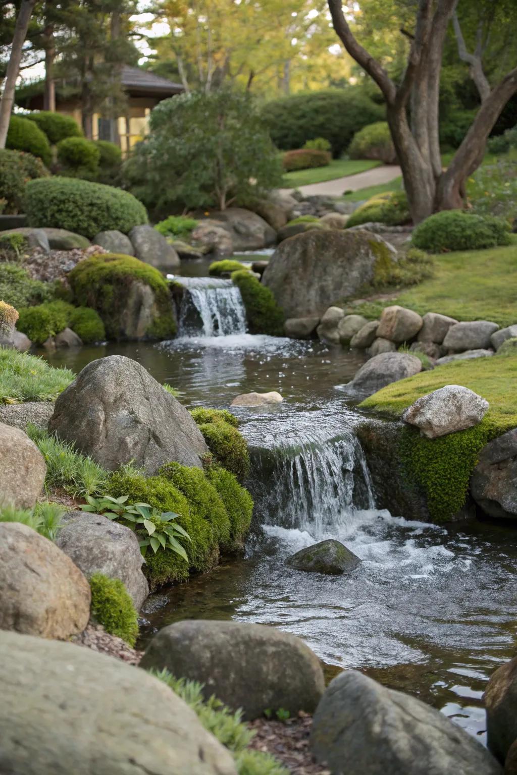 A stream waterfall creates a natural and flowing element in your garden.
