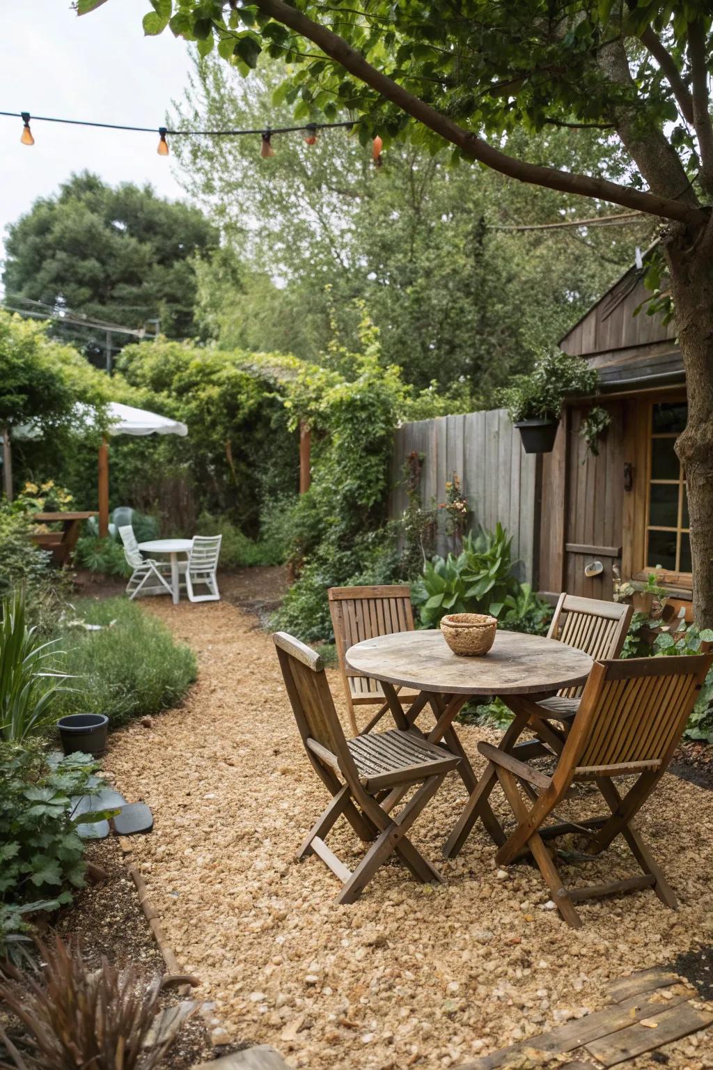 A peaceful seating area nestled on a wood chip foundation.