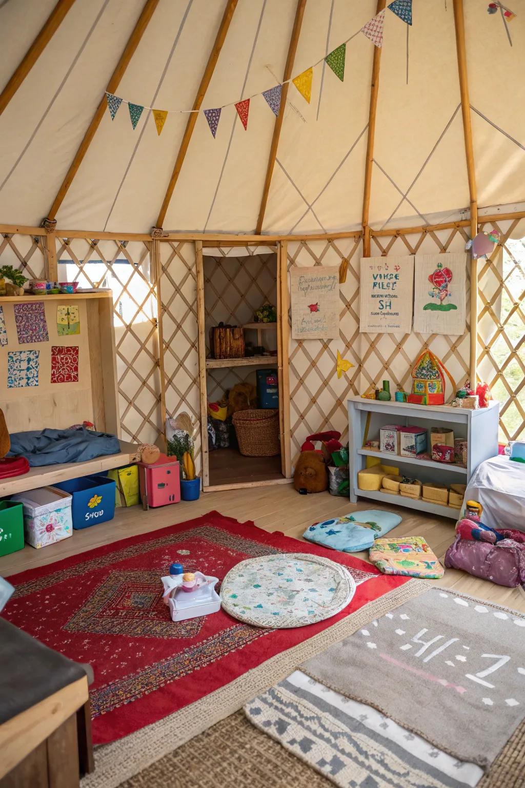 A yurt transformed into a playful adventure space for kids.