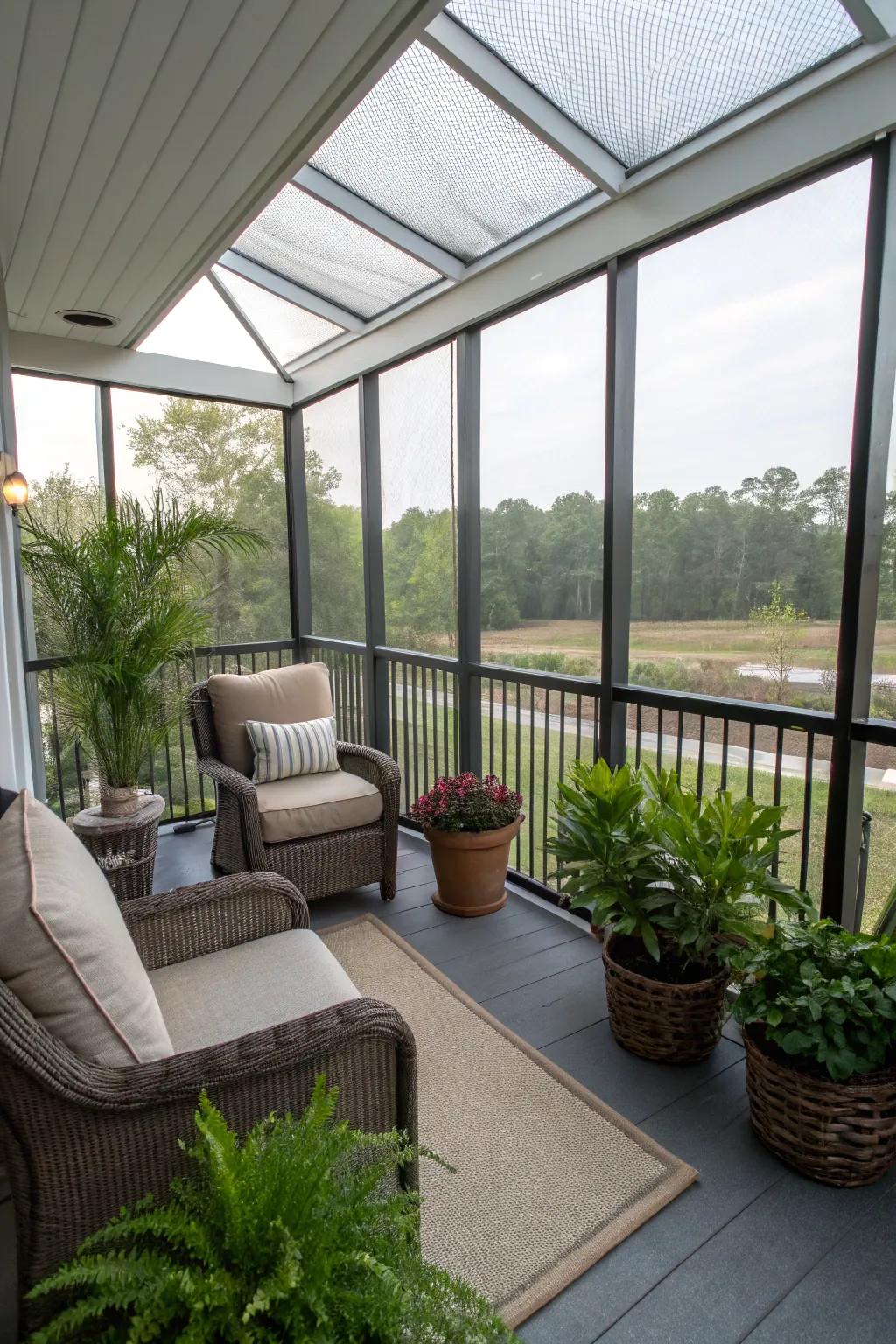 Balcony with a screened enclosure for a bug-free zone.