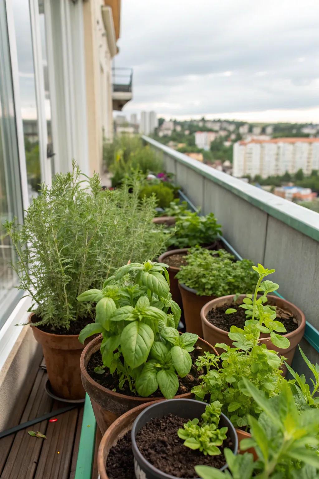 A fragrant herb garden on a cozy balcony.