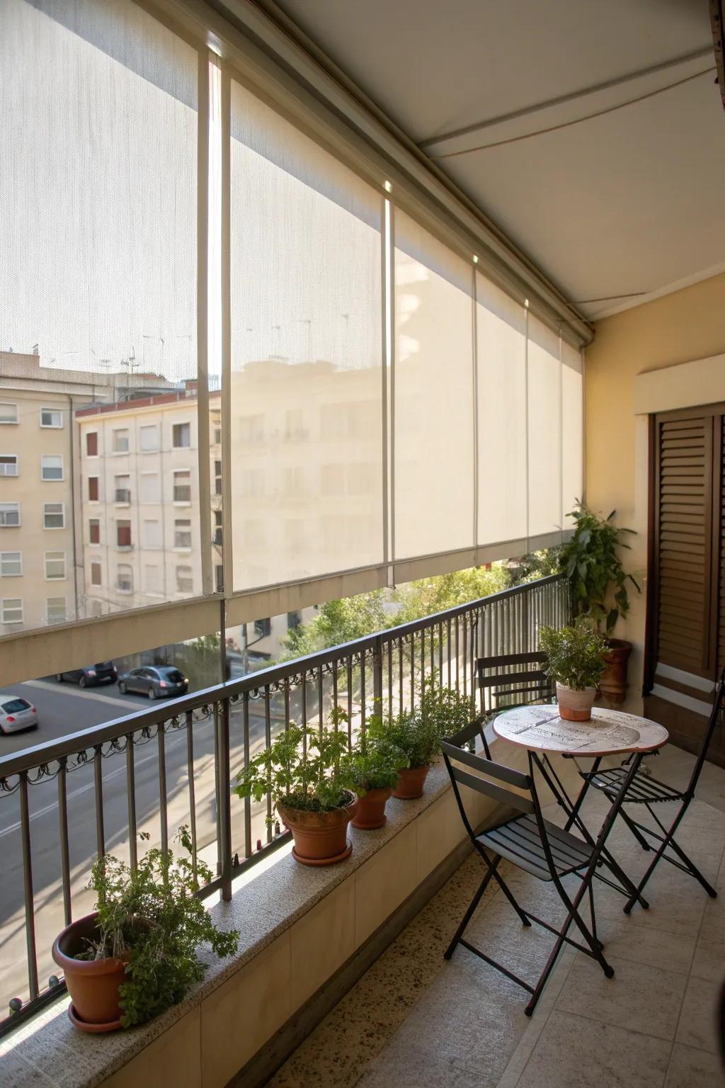 Roller blinds offer adjustable privacy and light control.