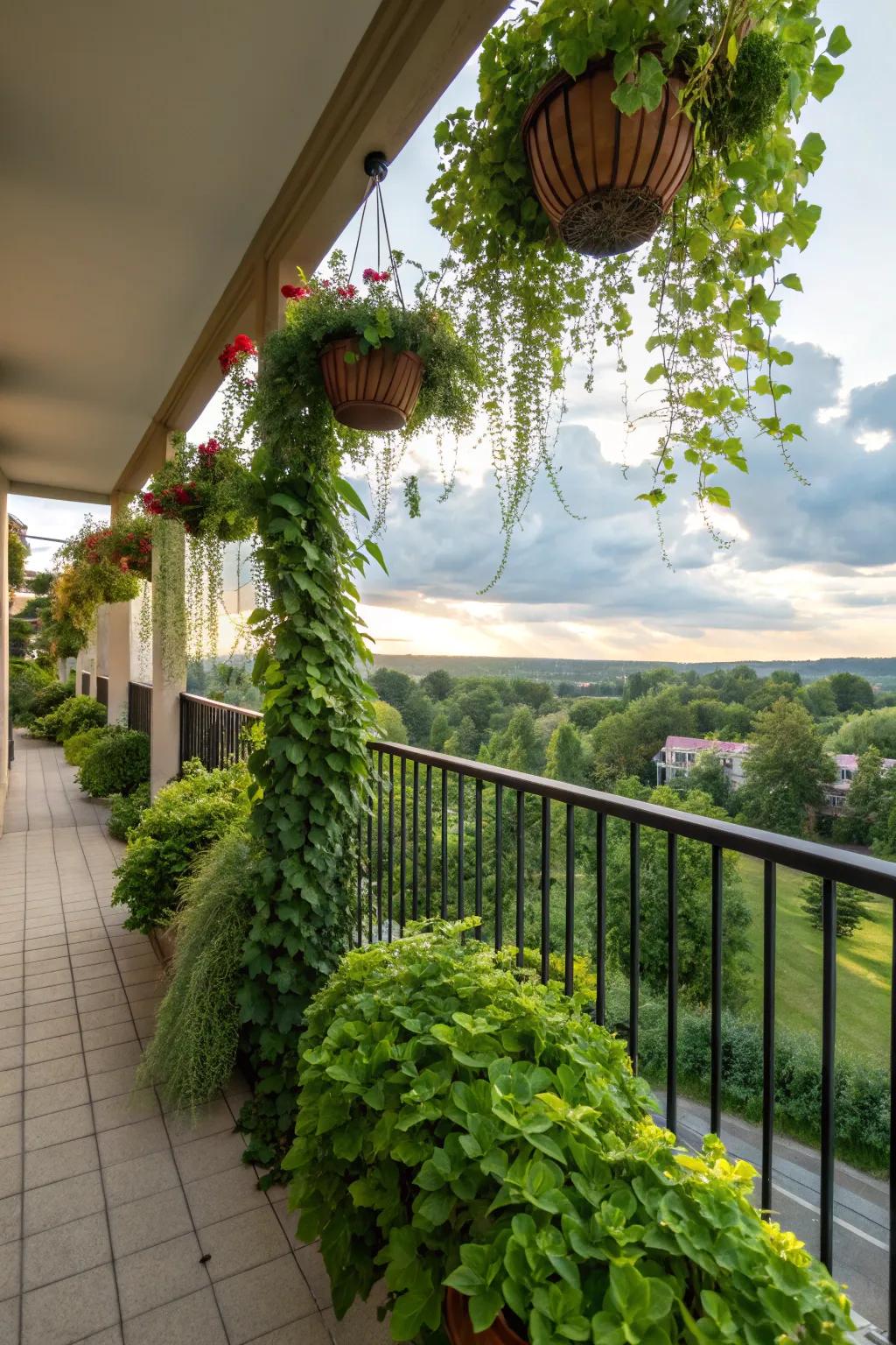 Hanging baskets make the most of vertical space while providing privacy.