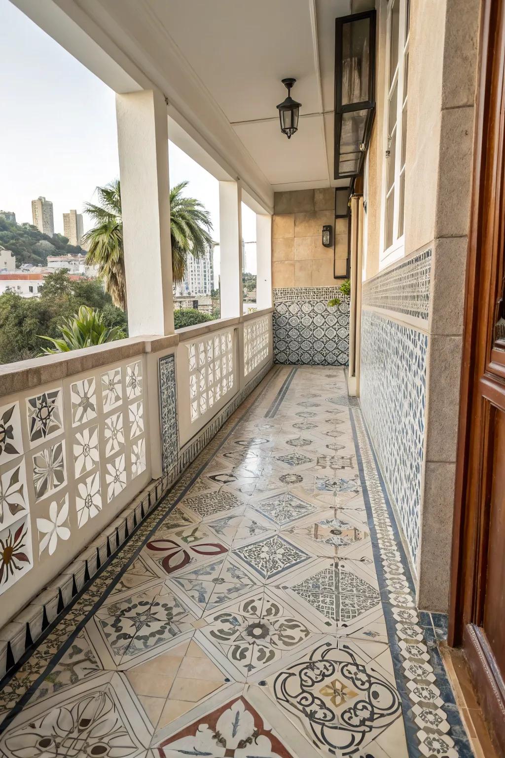 Mixing tile sizes creates dynamic visual effects on your balcony.