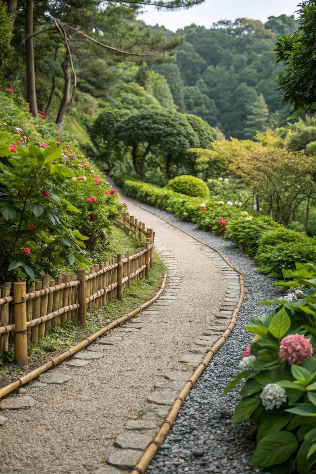 Neat bamboo edging for garden pathways.