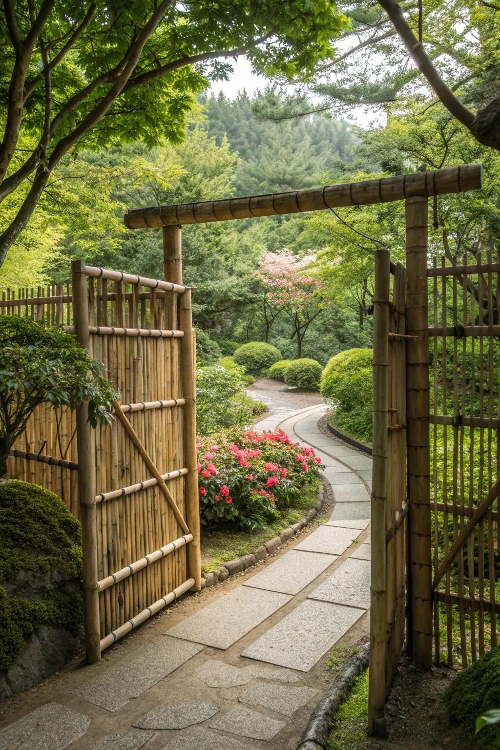 A textured split bamboo fence gate enhancing garden aesthetics.