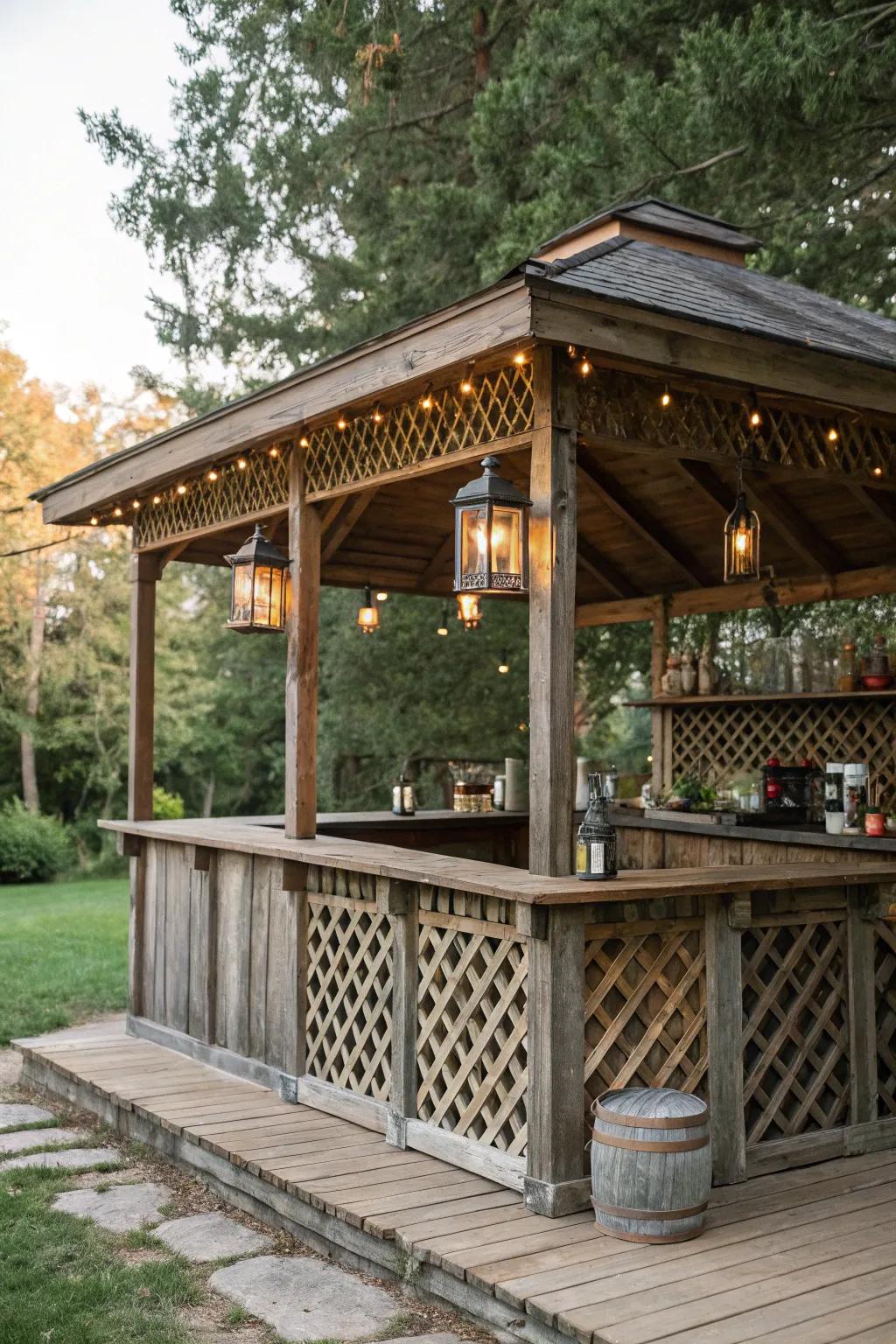 A rustic farmhouse gazebo bar that feels like home.