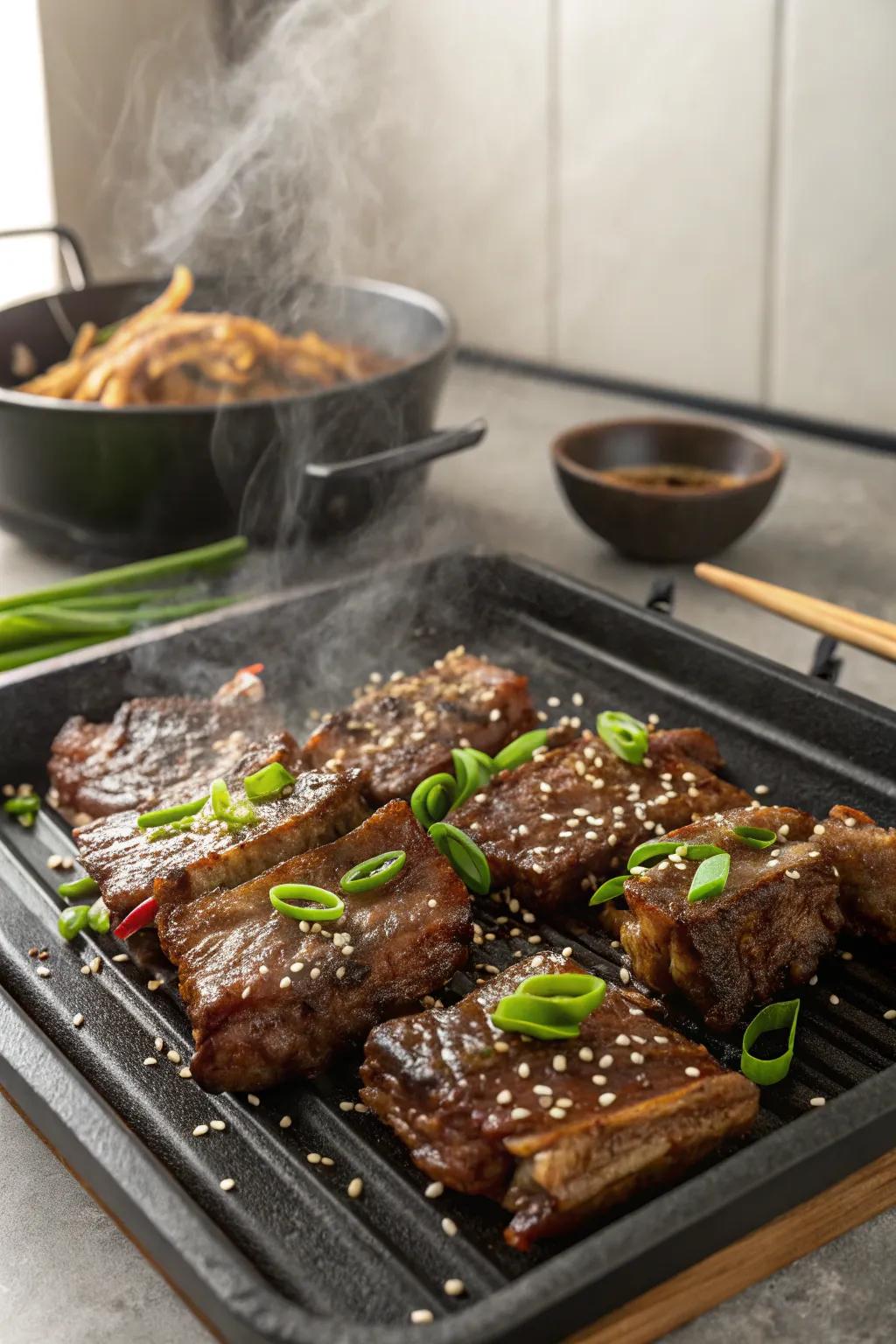 Korean beef galbi, a savory-sweet treat garnished with sesame seeds and scallions.
