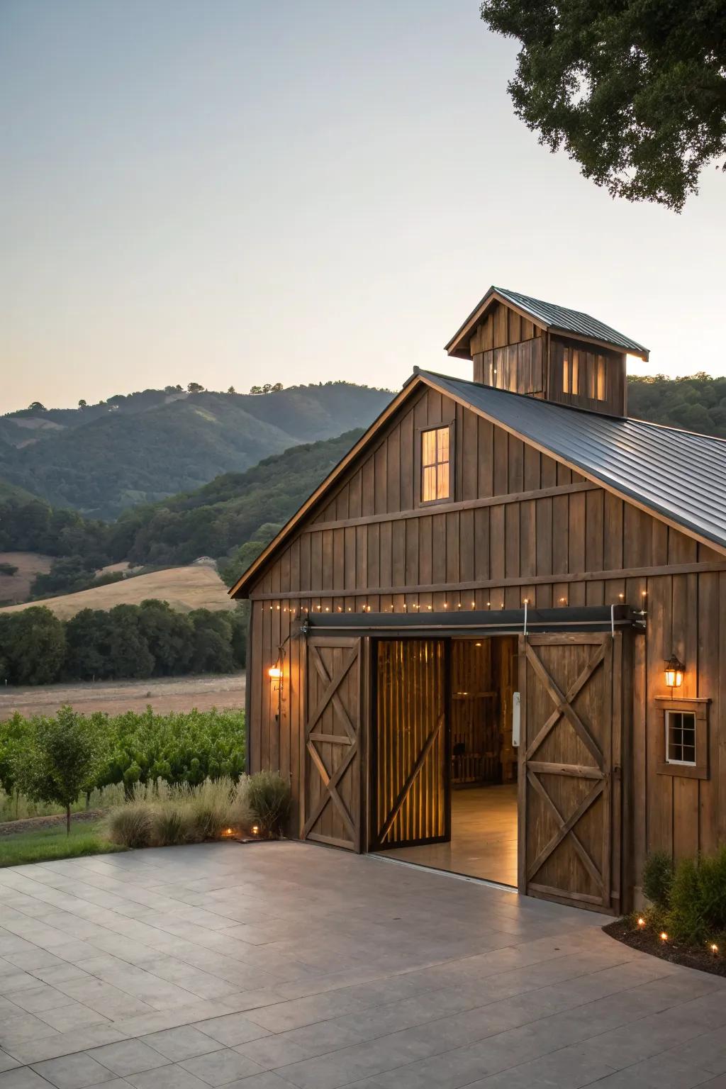 A barn with a rich bronze finish, offering a classic appeal.